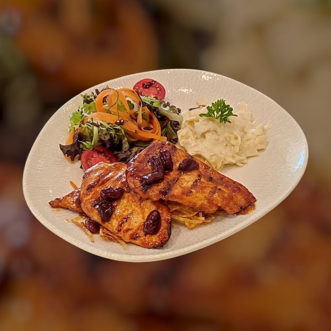 With barbecue sauce Chicken
